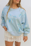 Beau Blue Sequined Bowknot Drop Shoulder Oversized Sweatshirt