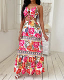 Floral Animal Tropical Print Tied Detail Maxi Dress