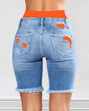 Colorblock Letter Print Ripped 2 In 1 Denim Shorts