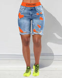 2 In 1 Denim Shorts Colorblock Print Ripped Shorts /w Workout Running Shorts