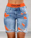 2 In 1 Denim Shorts Colorblock Print Ripped Shorts /w Workout Running Shorts