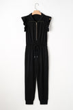 Black Zipper Flutter Sleeve Drawstring High Waist Jumpsuit