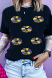 Black Sequined Mardi Gras Pattern Crew Neck Short Sleeve Top