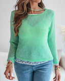 Round Neck Lace Trim Hollow Out Sheer Knit Top Casual Pullover