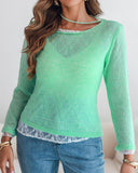 Round Neck Lace Trim Hollow Out Sheer Knit Top Casual Pullover