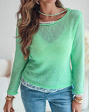 Round Neck Lace Trim Hollow Out Sheer Knit Top Casual Pullover