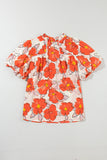 Orange Floral Bubble Sleeve Frill Neck Loose Blouse