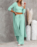 Crop Ribbed Tank Top & Drawstring Pants Set With Longline Coat