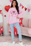 Pink Checkerboard Bow Graphic Round Neck Valentines Sweatshirt