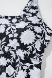 Black Plus Size Printed Square Neck Drawstring Ruffled Tankini Set