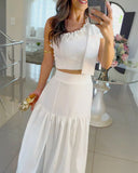One Shoulder Shirred Crop Top with Ruffle Slit Skirt Set