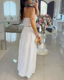 One Shoulder Shirred Crop Top with Ruffle Slit Skirt Set
