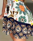 Floral Print Halter Sleeveless A Line Mini Dress Sexy Waist Hollow Out Vacation Dress