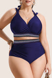 Navy Blue Embroidered Trim Wrap Tie Knot Plus Size High Waisted Bikini