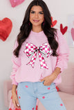 Pink Checkerboard Bow Graphic Round Neck Valentines Sweatshirt