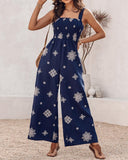 Embroidery Patchwork Thick Strap Square Neck Shirred Jumpsuit Wide Leg Vacation Overalls with Pockets