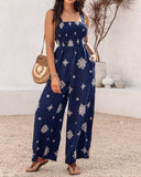 Embroidery Patchwork Thick Strap Square Neck Shirred Jumpsuit Wide Leg Vacation Overalls with Pockets