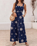 Embroidery Patchwork Thick Strap Square Neck Shirred Jumpsuit Wide Leg Vacation Overalls with Pockets