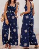 Embroidery Patchwork Thick Strap Square Neck Shirred Jumpsuit Wide Leg Vacation Overalls with Pockets