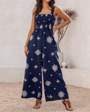 Graphic Print Thick Strap Square Neck Shirred Jumpsuit Wide Leg Vacation Overalls with Pockets