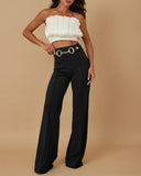 Metal Button Decor High Waist Casual Straight Leg Work Pants