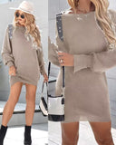 Rhinestone Buckled Batwing Sleeve Casual Knit Long Sleeve Dress