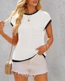 Colorblock Round Neck Short Sleeve Ribbed T Shirt Casual Loose Fit Kni Top