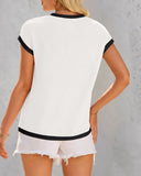 Colorblock Round Neck Short Sleeve Ribbed T Shirt Casual Loose Fit Kni Top