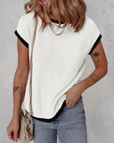 Colorblock Round Neck Short Sleeve Ribbed T Shirt Casual Loose Fit Kni Top