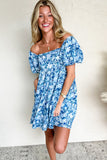 Blue Floral Puff Sleeve Babydoll Mini Dress