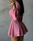 Long Sleeve Strechy Waist A Line Romper Casual Pockets Design Short Jumpsuit