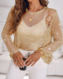 Round Neck Long Sleeve Glitter Crochet Casual Sequin Hollow out Cowl Top