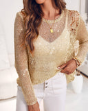 Round Neck Long Sleeve Glitter Crochet Casual Sequin Hollow out Cowl Top