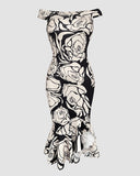 Floral Print Off Shoulder Bodycon Dress Ruffle Hem Slim Fit Dress