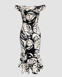 Floral Print Off Shoulder Bodycon Dress Ruffle Hem Slim Fit Dress