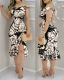 Floral Print Off Shoulder Bodycon Dress Ruffle Hem Slim Fit Dress