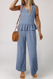 Beau Blue Solid Color Ribbed Ruffle Tank Top and Pants Set