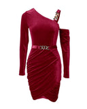 Velvet One Shoulder Chain Decor Ruched Bodycon Dress