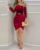 Velvet One Shoulder Chain Decor Ruched Bodycon Dress