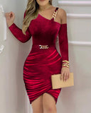 Velvet One Shoulder Chain Decor Ruched Bodycon Dress