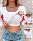 U Neck Long Sleeve Built In Bra Shirt Casual Seamless Slim Fit Top