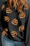 Black Sequin Pumpkin Face Graphic Plus Size Halloween Sweatshirt