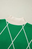 Dark Green Diamond Pattern Pom Accents Contrast Trim High Neck Sweater