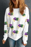 White Sequined Mardi Gras Mask Pattern Drop Shoulder Sweatshirt