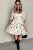 Beige Floral Print Square Neck Shirred Back Puff Sleeve Mini Dress