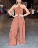 Halter Sleeveless Tied Detail Overall Casual Backless Wide Leg Jumpsuit