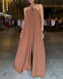 Halter Sleeveless Tied Detail Overall Casual Backless Wide Leg Jumpsuit
