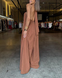 Halter Sleeveless Tied Detail Overall Casual Backless Wide Leg Jumpsuit
