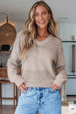 Brown Eyelet Pattern Detail V Neck Drop Shoulder Sweater