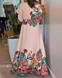 Tropical Print V Neck Short Sleeve Tied Detail Jumpsuit